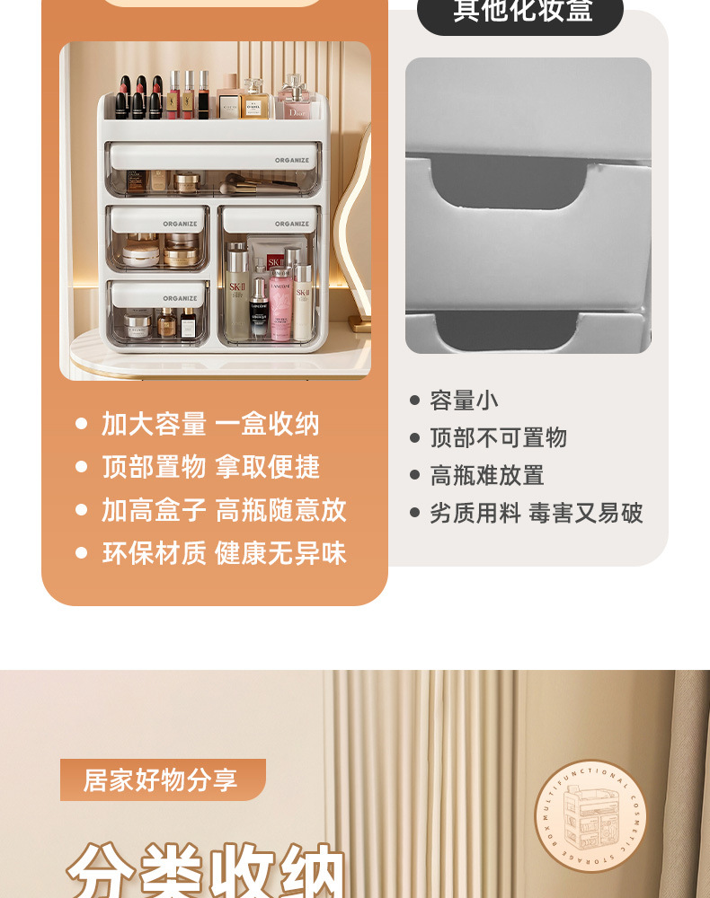 化妆品收纳盒桌面高级感抽屉式梳妆台护肤品大容量分格整理置物架