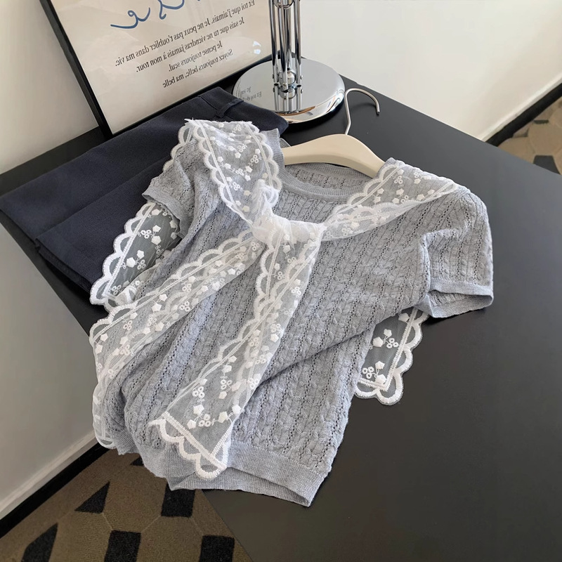 Super Nice Lace Shawl Ice Silk Knitted Sweater Summer Thin Korean Style Two-piece Suit Wear Fashionable Slimming T-shirt