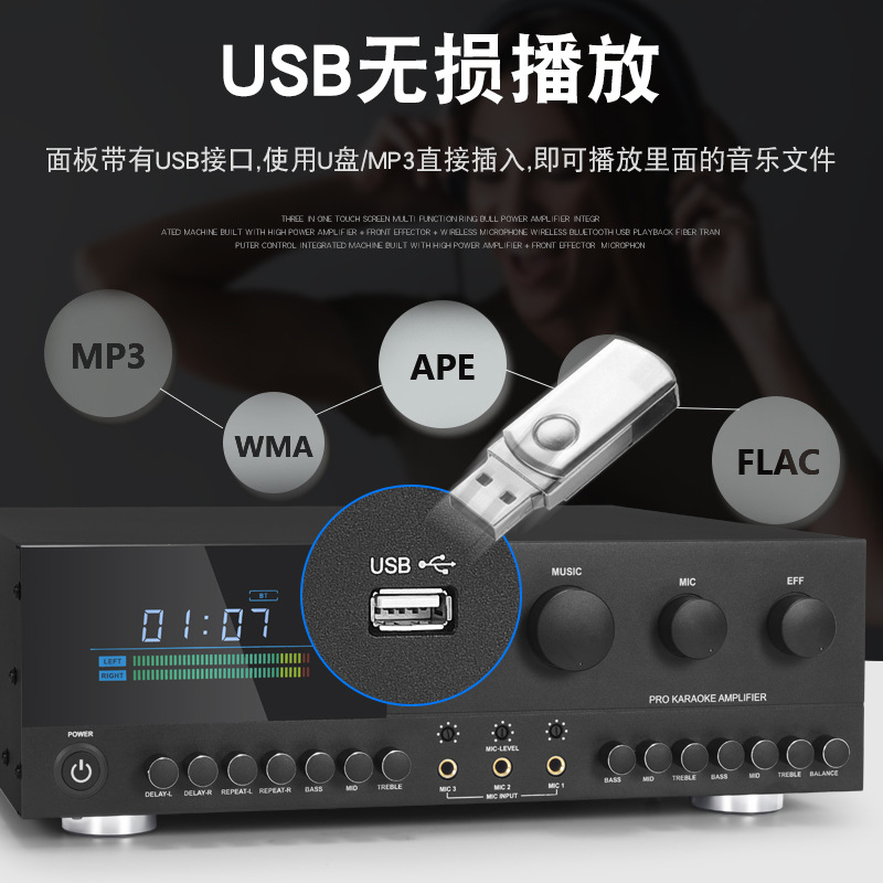 Fiebre profesional karaoke Conferencia hogar KTV subwoofer de alta potencia con Bluetooth USB de nivel frontal titular de la tarjeta amplificador de potencia