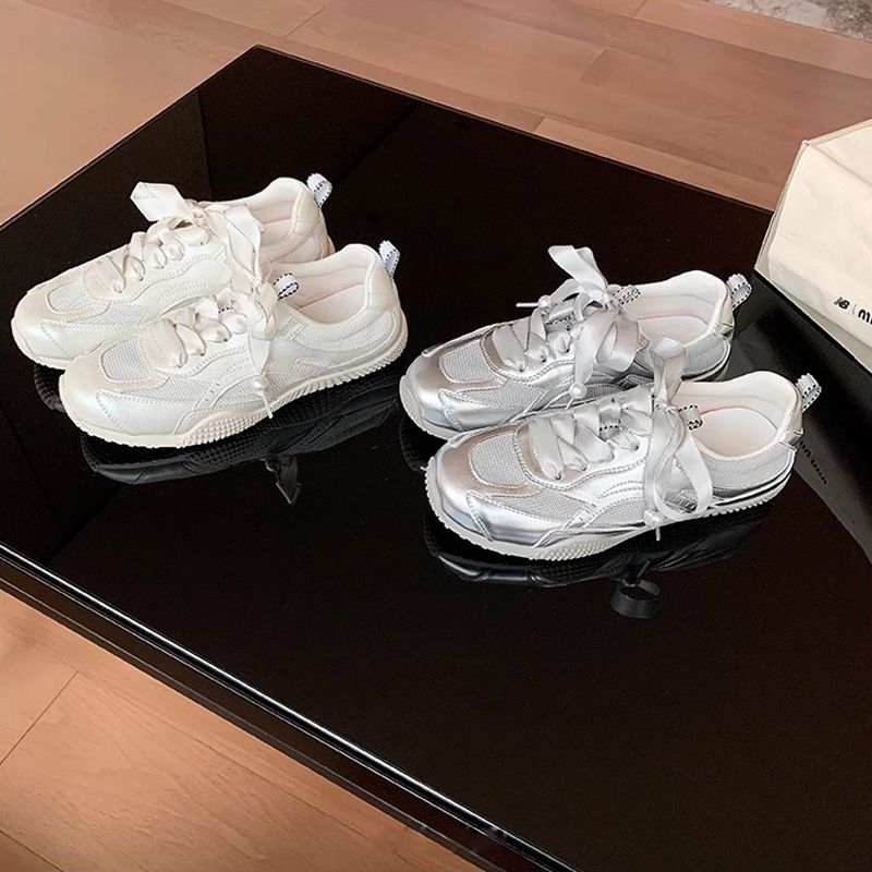 Tennis Girl ●Soft Bottom Ballet Training Shoes Women's silver Breathable Lightweight Platform Forrest Gump Casual Leather Women's Shoes