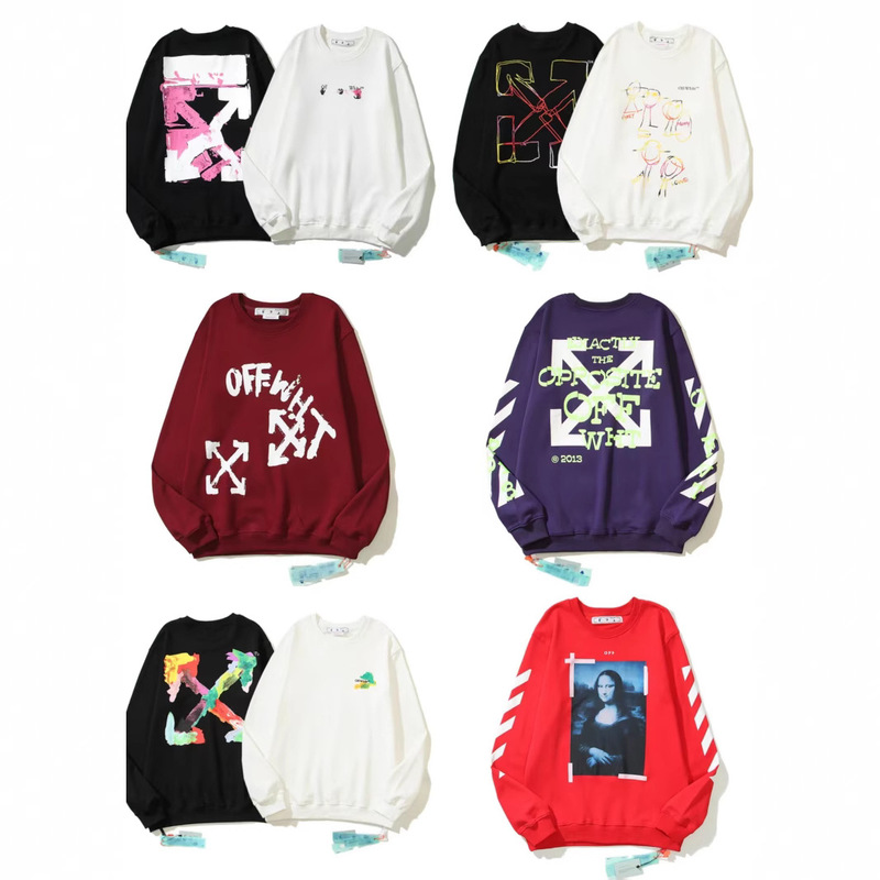 Cross-Border Off-White Pure Cotton Terry Men's and Women's Printed Round Neck Long-Sleeved Sweatshirt Ow Spring & Fall Sweatshirt Collection 1