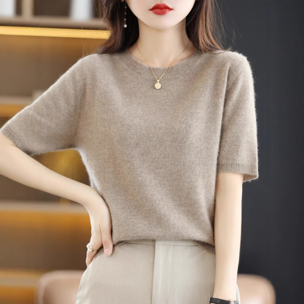 Early Autumn New Round Neck Short-Sleeved Elegant Women's Loose Pullover T-Shirt Women's Pure Color Elegant Knitted Inner Top