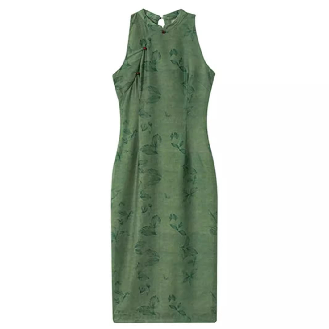 Retro Bright Green Improved Version Of The Chinese-style National-style Cheongsam , 2024 Summer New Waist-cinching_ecoleips.com