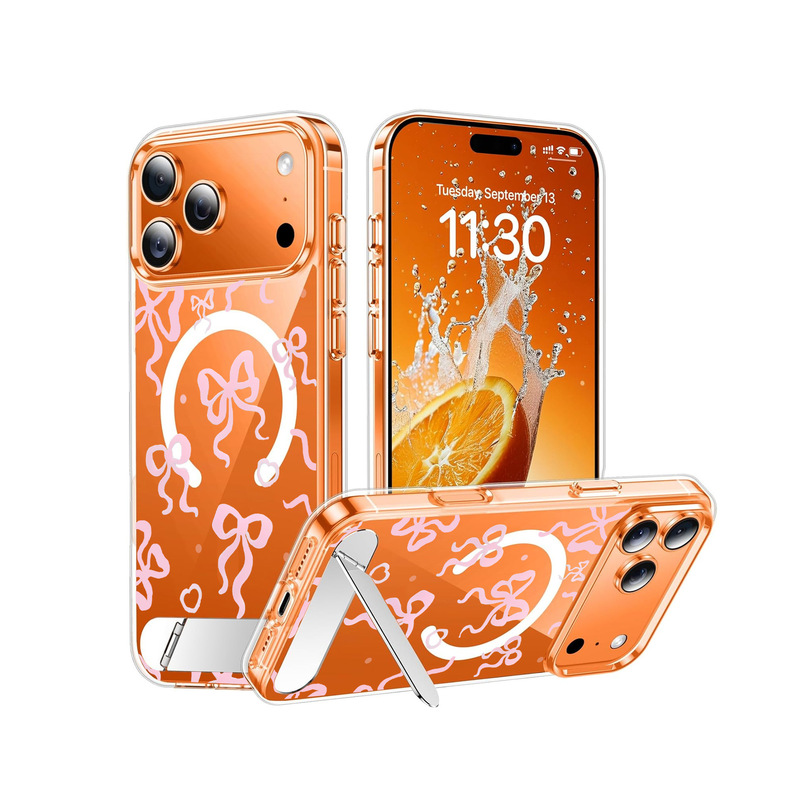Magnetic Magsafe phone case suitable for Apple 17Pro, anti-drop with stand, orange bow design protective cover Magnetic Magsafe phone case suitable for Apple 17Pro, anti-drop with stand, orange bow design protective cover