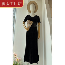 采桑子正品 桑蚕丝高级感连衣裙真丝丝绒V领拼接亮片气质长裙裙子