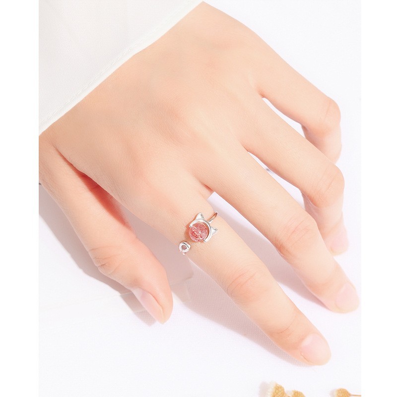 Round Pattern Women's Gender 925 Sterling Silver Strawberry Quartz Round Open Rings