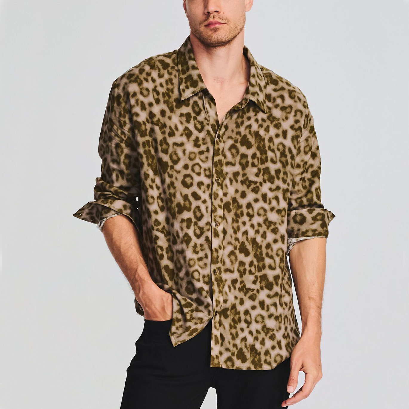 Nuovo con stampa leopardata, camicia floreale da uomo casual ampia a maniche lunghe stampata oversize_voghion.com