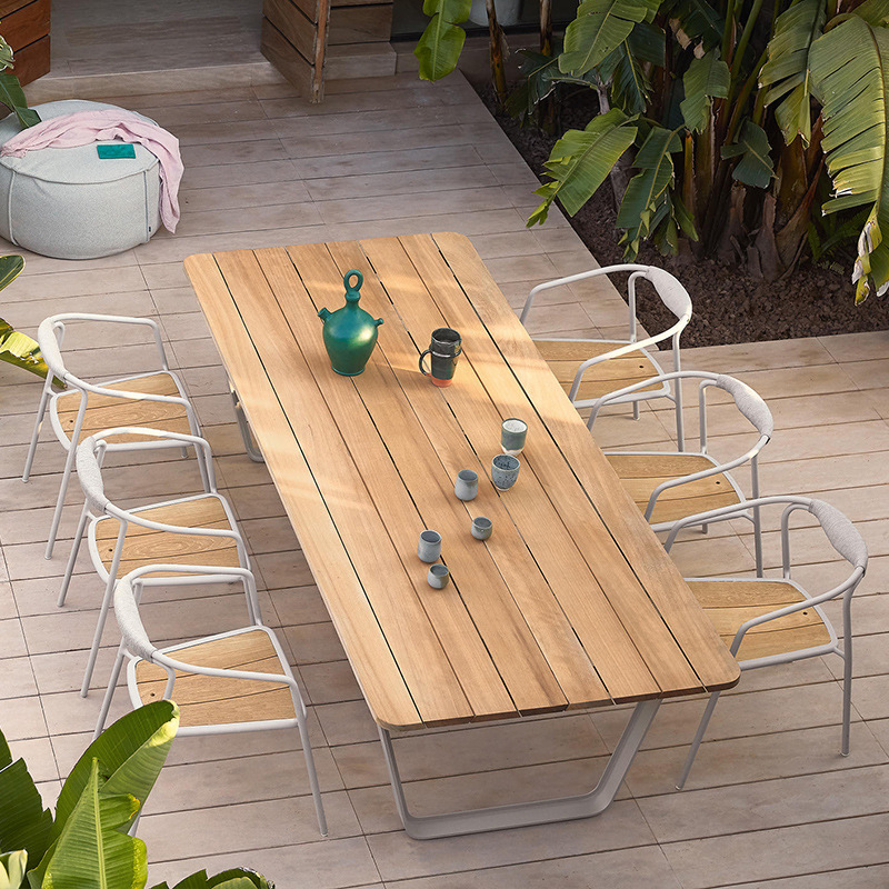 Mesas y sillas de teca para exteriores, muebles de ratán resistentes a la lluvia y al sol para patio, conjunto de mesa larga de madera maciza para ocio en jardín o balcón. image 16