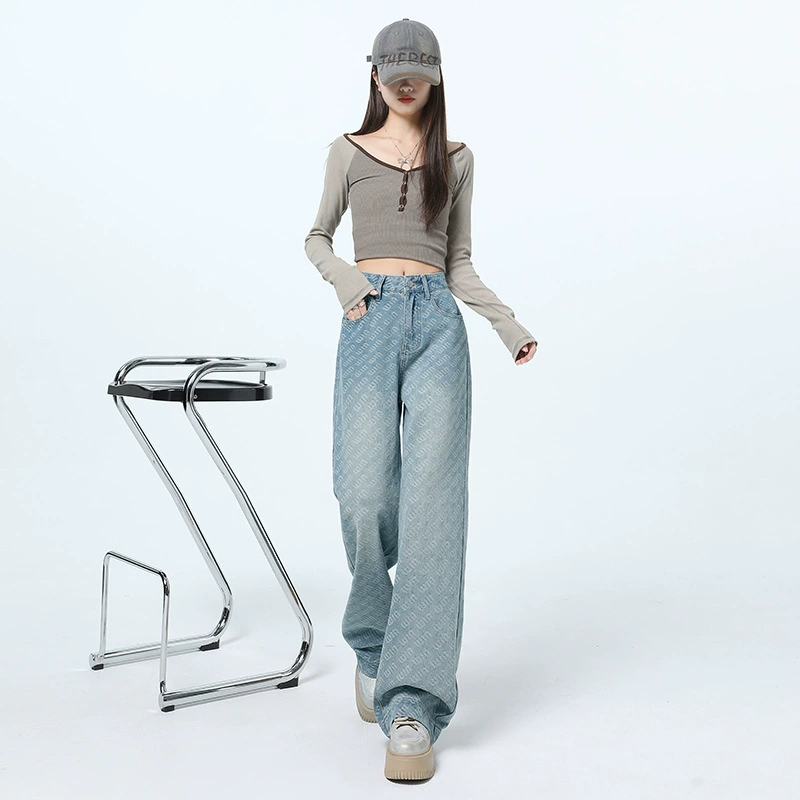Jeans, spring fitted trousers, high waist, loose straight fit