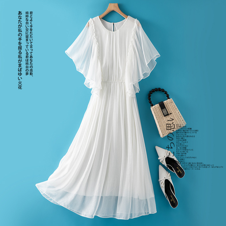 Summer Solid Color Flutter Sleeve Silk Dress for Women, Niche Sweet Fairy Mulberry Silk Long Dress