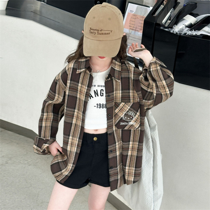 女童早秋格子衬衫外套中大童宽松拼色百搭春秋新款中长款长袖夹克|undefined