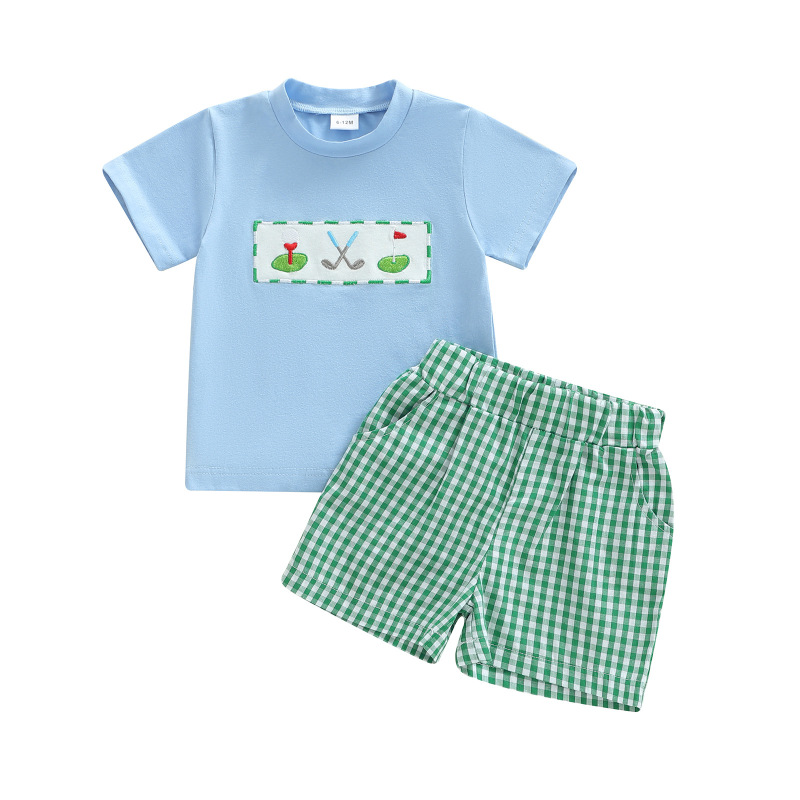 2025 New Summer Style Boys' Golf Embroidered Short-Sleeved Tops Plaid Shorts Casual Sports Children's Suit
