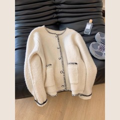 小香风圆领拼色口袋绵羊绒针织开衫2025秋冬新品毛衣女外套百搭