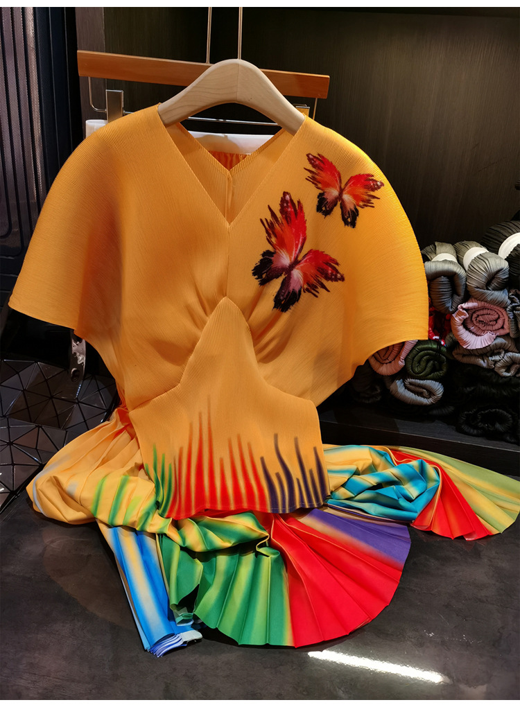 Elegant Butterfly Print Two Piece Set For Women V-Neck Short Sleeve Top & Pleated Midi Skirt Casual Mid-Calf Length Polyester_ecoleips.com