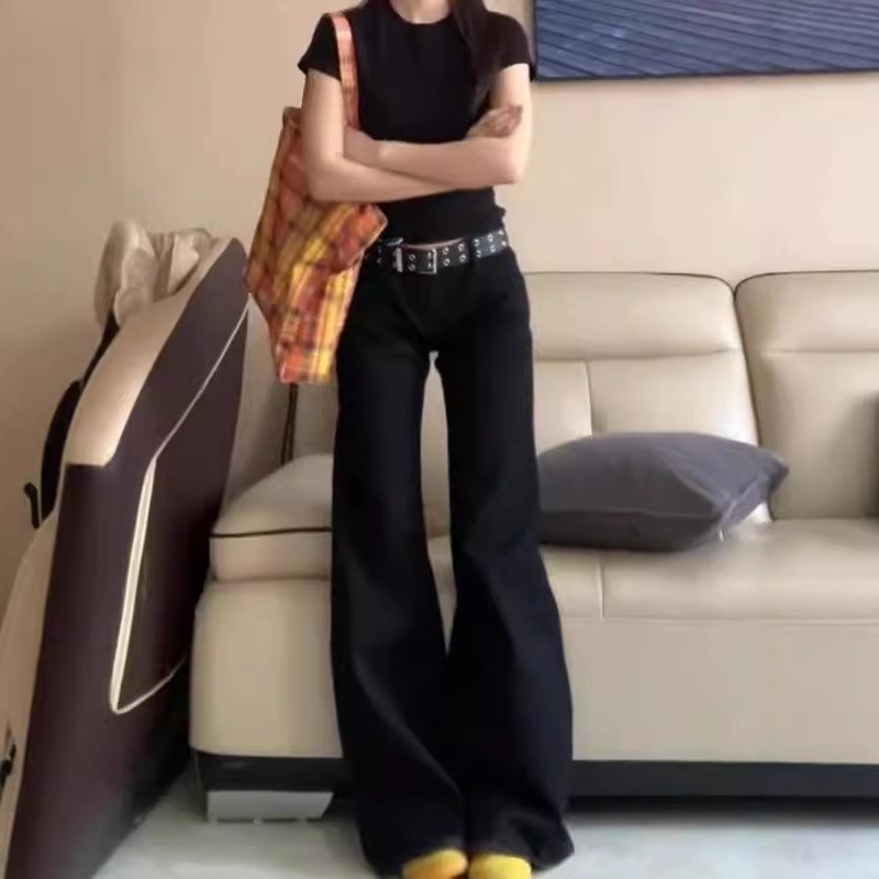 Black Low Waist Micro-flare Jeans Women's Summer New American Style Retro Loose Slimming Wide Leg Long Pants