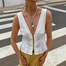 欧美时尚V领白色马甲女2025夏季跨境气质竹节棉蕾丝开衫上衣女装