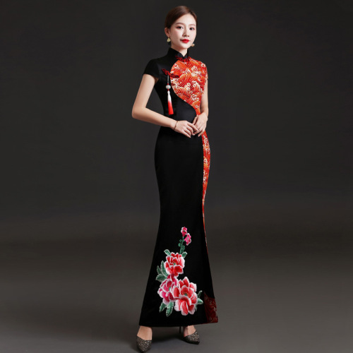 Black with red Chinese dress for women retro oriental style qipao slit performance mermaid dresse host singers car model Xiangyun peony catwalk cheongsam