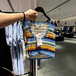 针织背心开衫手勾短袖编织跨境外贸品质新品镂空多色彩色条纹