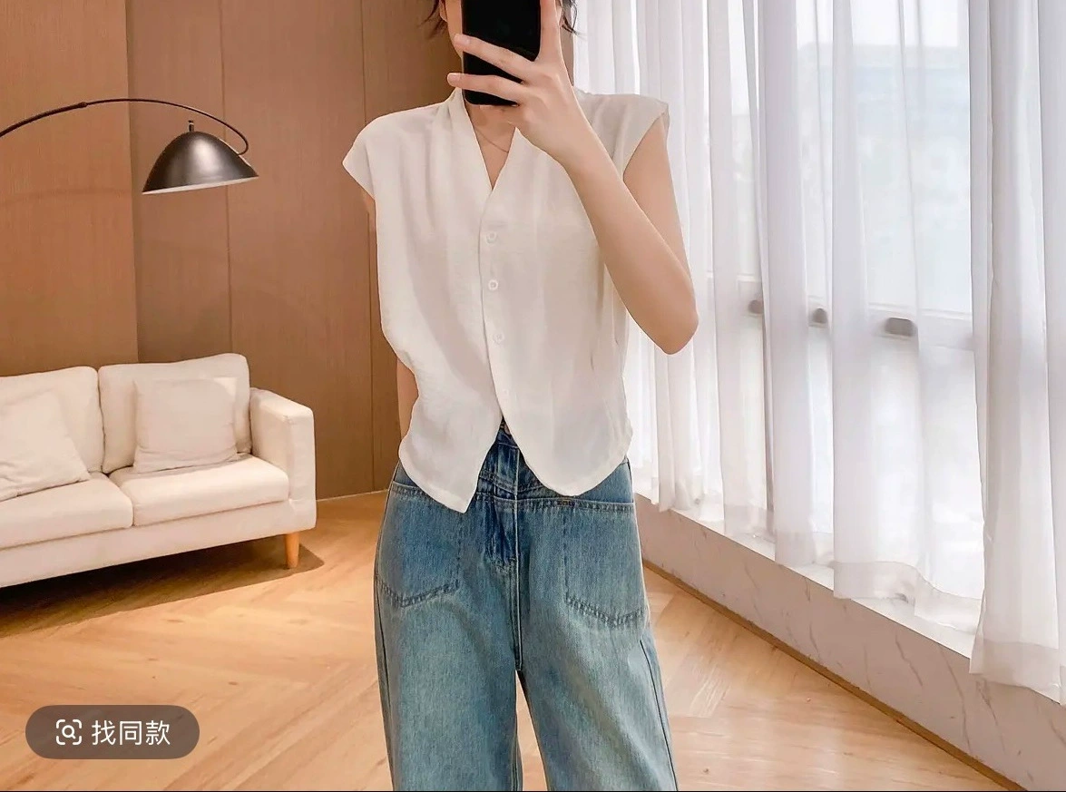 Французский стиль нишевый шик топ с воротником 2024 лето плюс-сайз дизайн безрукавка однобортная рубашка.