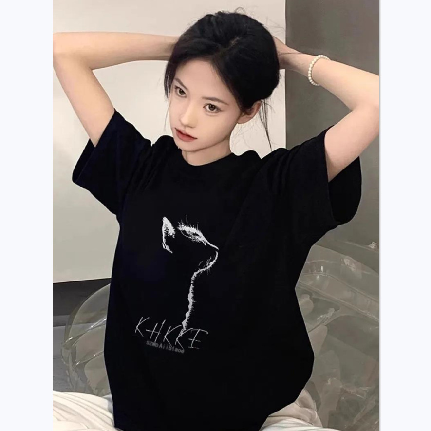 2026年新作黒色純綿半袖Tシャツレディースアメリカンスタイルゆったりルーズインスタ映え体型カバー着痩せ効果のあるミドル丈トップスおしゃれ