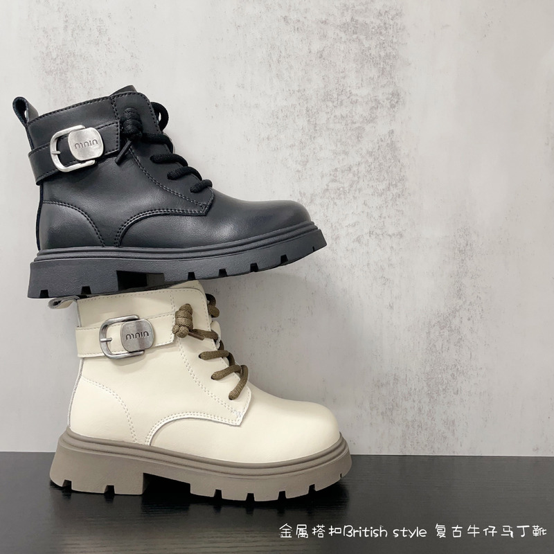 儿童时尚字母搭扣真皮马丁靴2025秋冬新品男女童洋气经典加绒皮靴|undefined