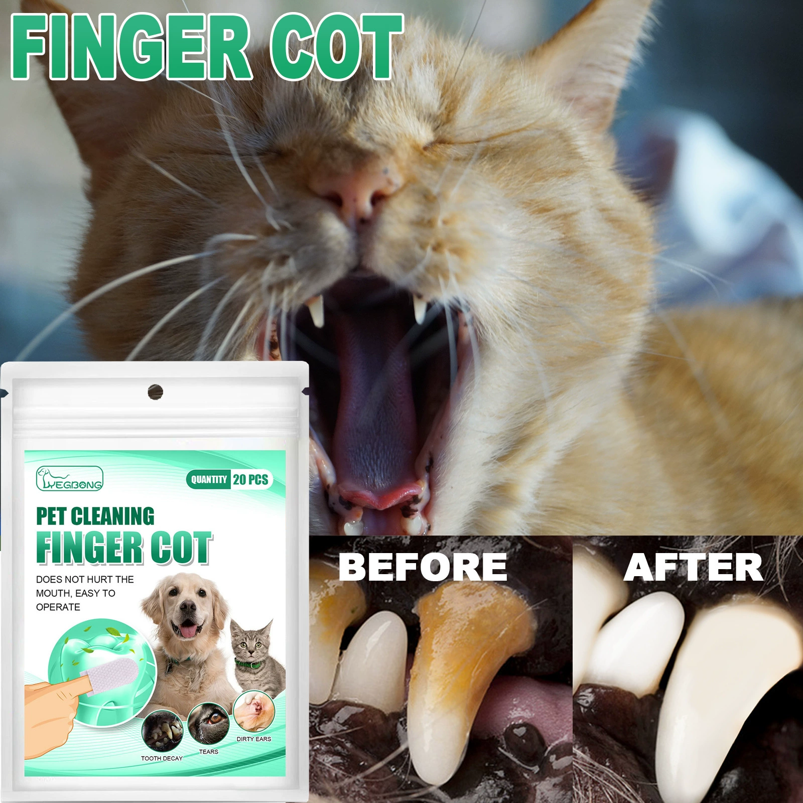 Pet чистка зубов палец Набор Собака Кошка удаление зубного камня кохлеарная Чистка полости рта палец Набор салфеток