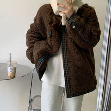 复古格子拼接仿羊羔毛外套女秋冬新款韩版宽松双层加厚棉服上衣