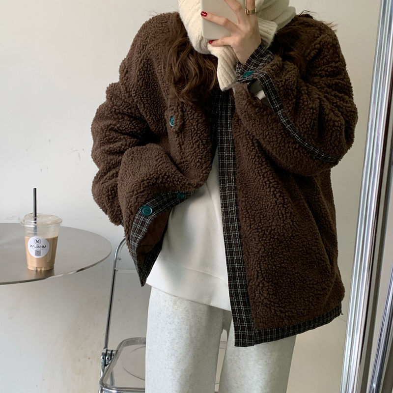 复古格子拼接仿羊羔毛外套女秋冬新款韩版宽松双层加厚棉服上衣