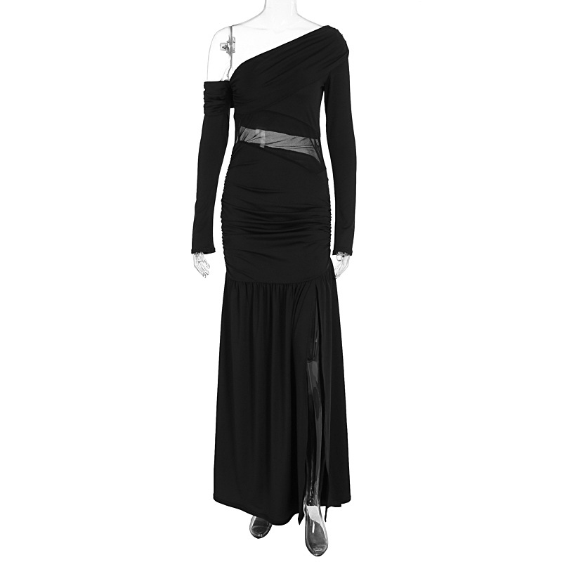 Trendy Elegant Women's One Shoulder Dress Waist Cinched Pleated Split Hem High Waist Slim Summer Spring Fashion Dress_ecoleips.com