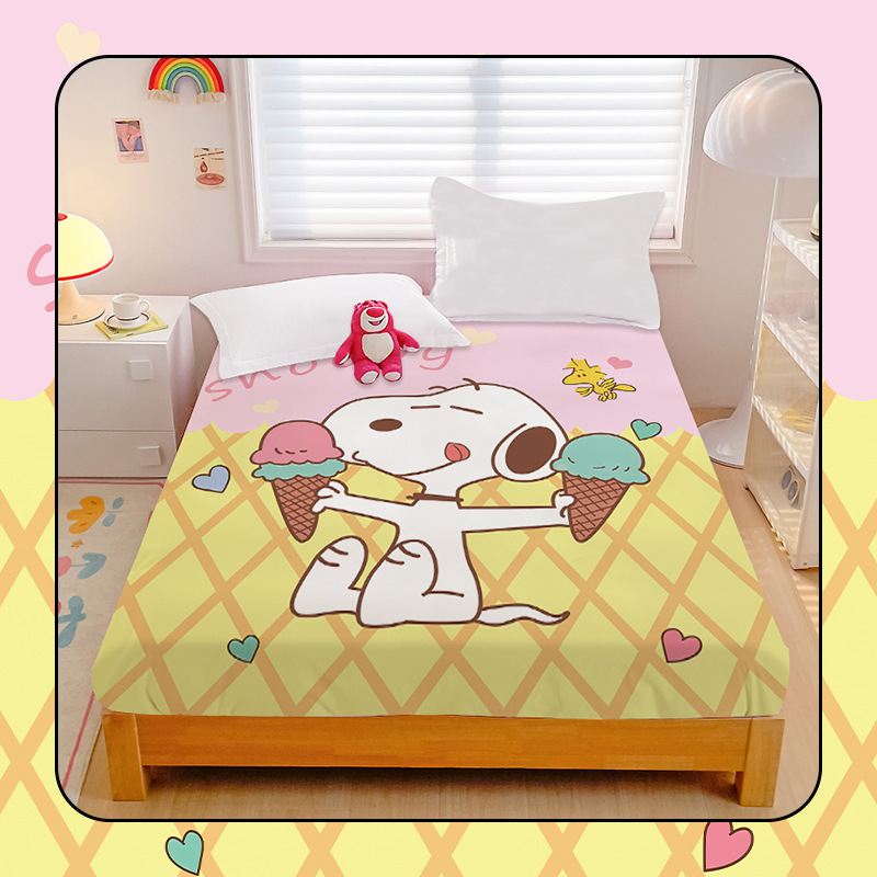 Cotton Cartoon Snoopy Cute Fitted Sheet with Little White Dog Design for Children's Bedroom and Student Dormitory Mattress Protector, Washable