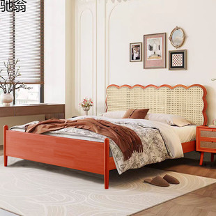 American Solid Wood Bed Cherry Color 1.8m Double Bed Antique Style 1.5m Popular Accessible Luxury Bedroom Wavy Rattan Bed