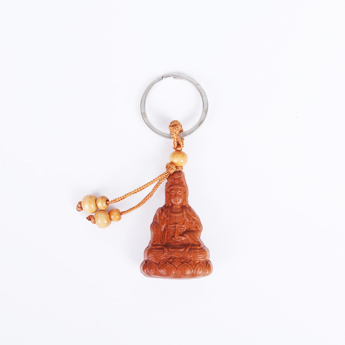 Wood carving wooden keychain wholesale wooden car pendant jewelry peach wood Guanyin Buddha attraction key pendant dropshipping