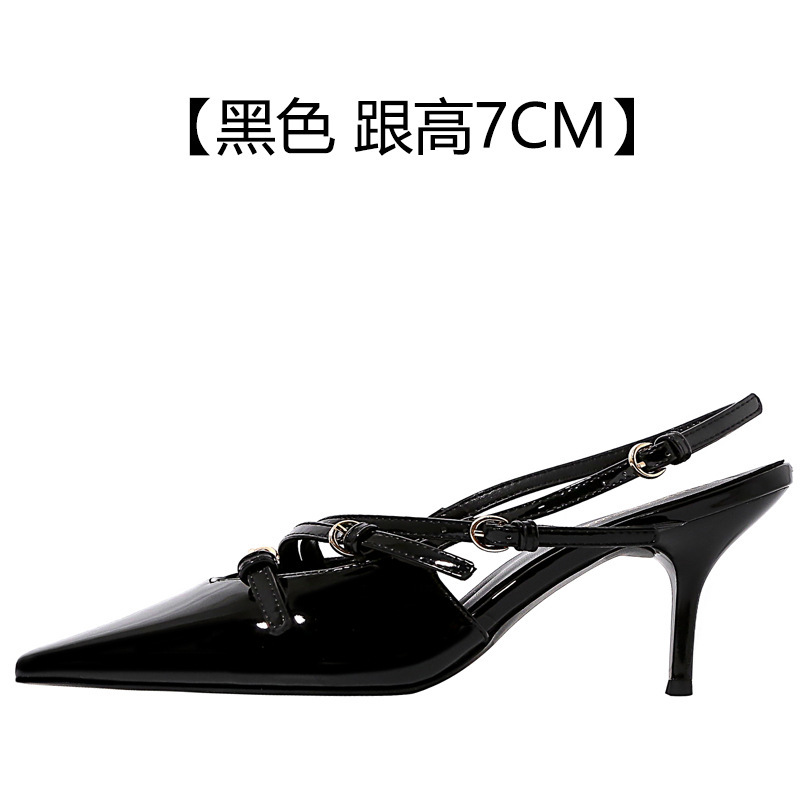 YX2025新款尖头法式皮带扣酒红色包头凉鞋小方头复古漆皮高跟鞋女|undefined
