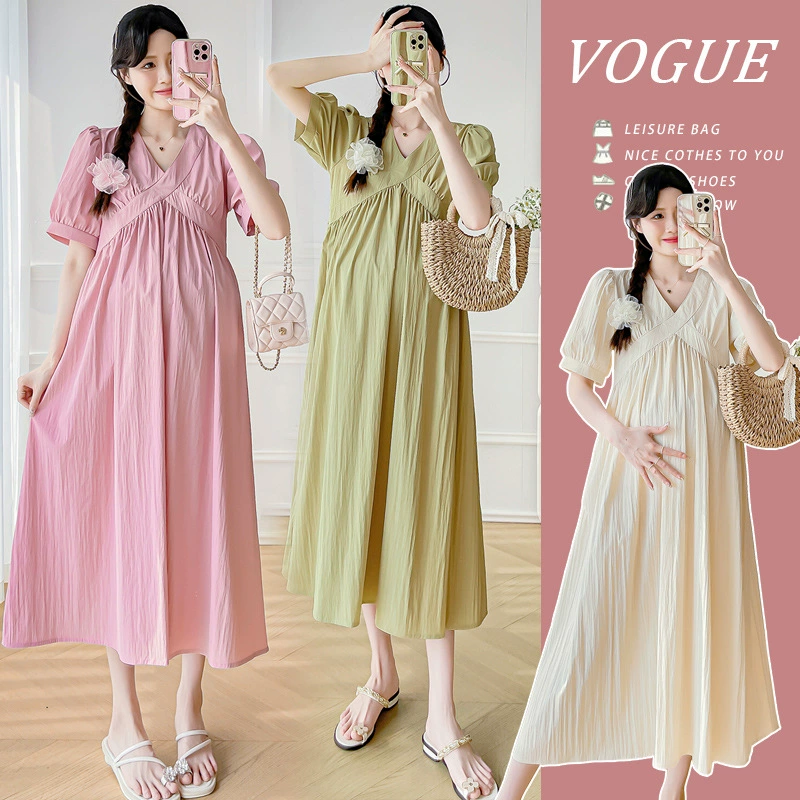 Съемка на месте ~ Платье для беременных Летнее платье Новый Tensi Шифон длинная юбка с V-образным вырезом модная корейская свободная юбка...