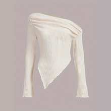 2024外贸跨境欧美亚马逊热销女士不对称领套头纯色长袖针织衫