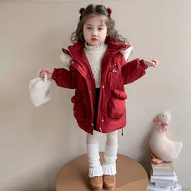 女童大毛领羽绒服冬装白鸭绒外套儿童保暖中长款甜美尖尖帽外套