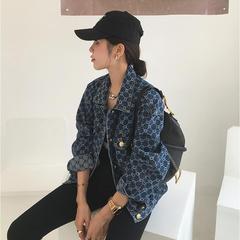 満印ジャカード長袖デニムコート女性韓国版ゆるい2025新型早秋カジュアル上着春秋デニム