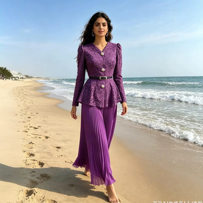 Cross-Border New Model Factory Direct Sale Turkish-Pakistani Women's Fashion Lace Two-Piece Crinkled Set