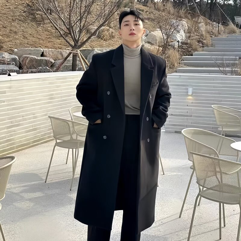 Korean version of black woolen coat men's autumn and winter explosions high-end sense long knee-length loose woolen coat men's clothing
