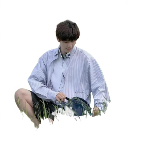 Japanese Striped Long-Sleeve Shirt for Men - Spring and Summer Hong Kong Style Short-Sleeve Collar Shirt, Loose Trendy High-End Casual Outerwear