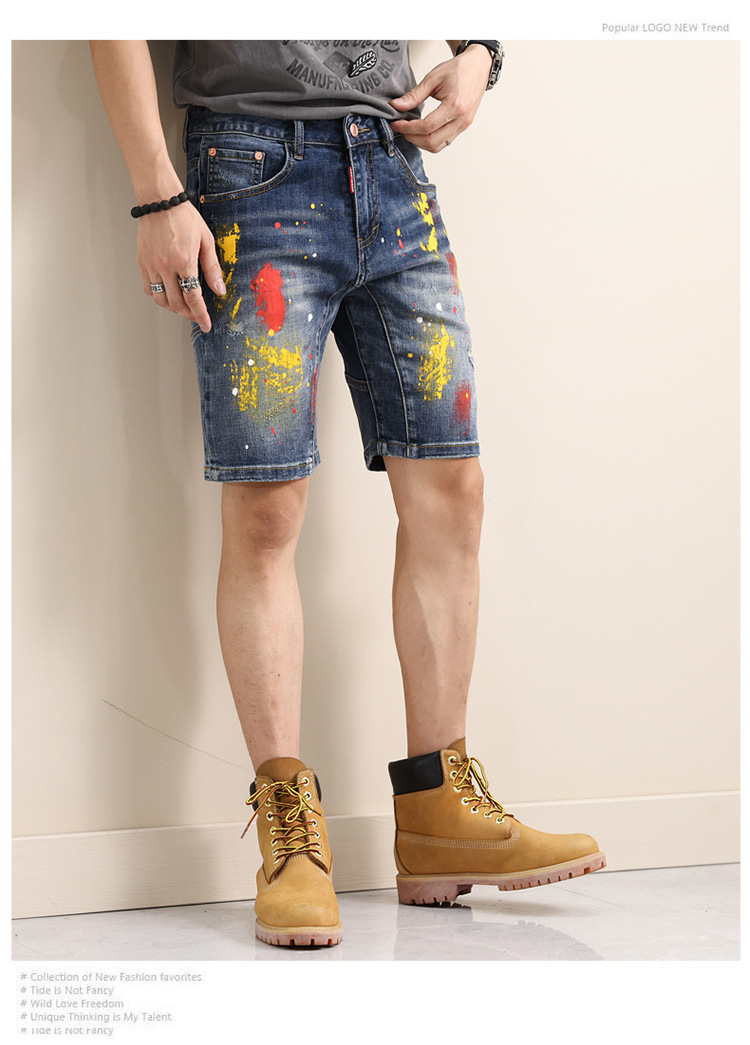 Men's clothing in stock 2024 ashion brand jeans straight men's slim trousers trendy youth Denim Shorts_viptrois.com