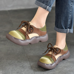 森女真皮單鞋系帶厚底復古拼色小眾設計感女鞋圓頭2024年春秋新款