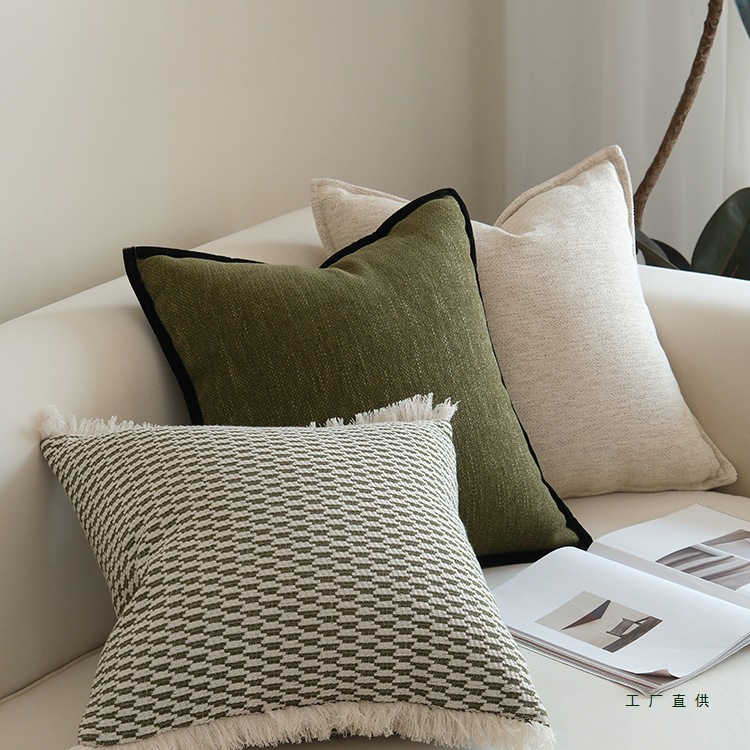 Medieval Literary Style Tassel Lace Pillow Sofa Living Room Pillow Retro Green Cotton and Linen Pillowcase B&B Decorative Cushion