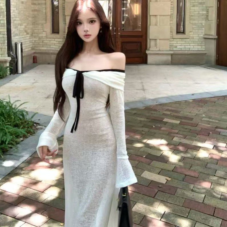 One-word Shoulder Contrasting Color Strap Long-sleeved Dress Women's Autumn Horn Sleeve Waist Skirt Gentle Slim Hip-wrapped Long Dress_ecoleips.com