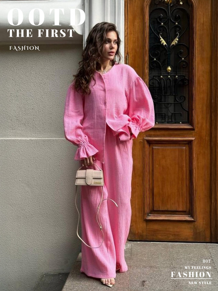 Bộ cardigan dài tay + quần ống rộng tay đèn lồng chất liệu cotton — màu hồng, màu đen, quả mơ chi tiết 1