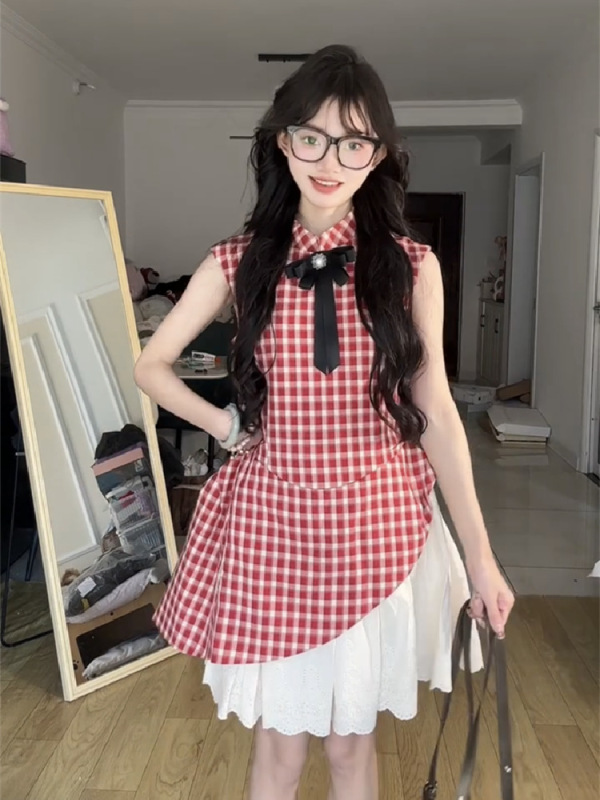 カレッジスタイルの赤いチェック柄のケーキふわふわドレス女の子の誕生日スカート甘い気質ウエスト痩身ベストドレス|undefined