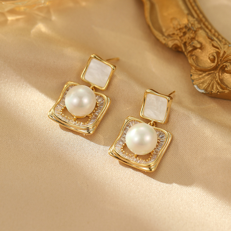 Retro square geometric fashionable elegant earrings from pearl with…