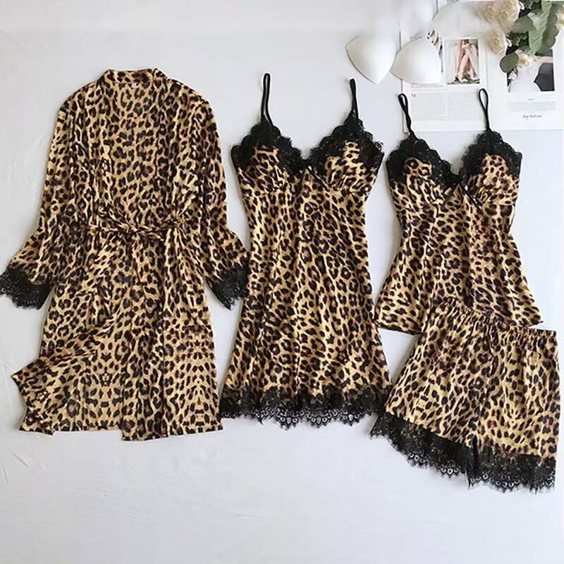 Wholesale fashion imitation silk leopard lace pajamas sexy leopard pajamas four-piece suit European and American home clothes