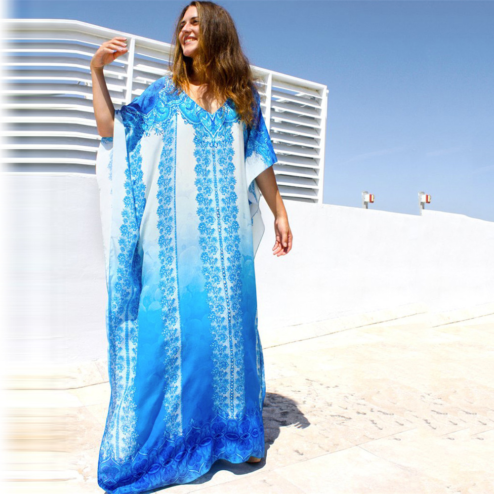 Camiseta de playa explosiva azul blanco impresión de posición túnica de vacaciones camiseta de protección solar bikini playa 1D62