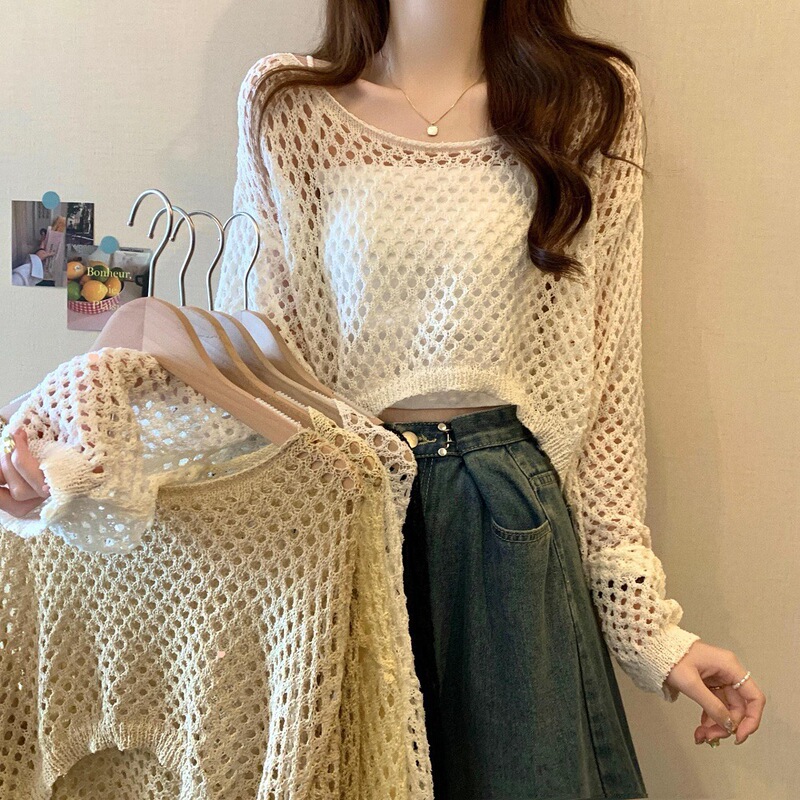 Short Hollow-Out Blouse Top for Women, Spring/Summer 2026 New Style, High-End Design, Petite Long-Sleeve Knit Shirt
